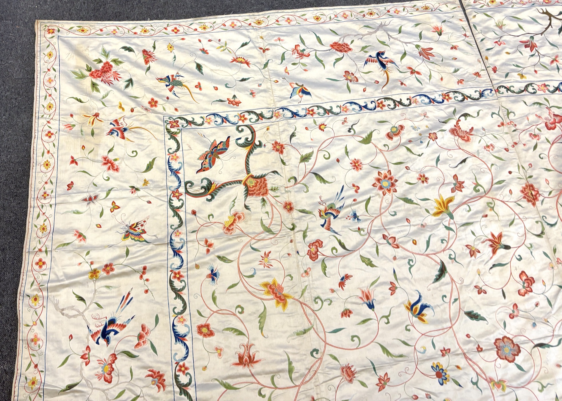 A fine Chinese 19th century silk polychrome embroidered cream silk bed cover, 290cm long x 278cm wide (both curtains together)